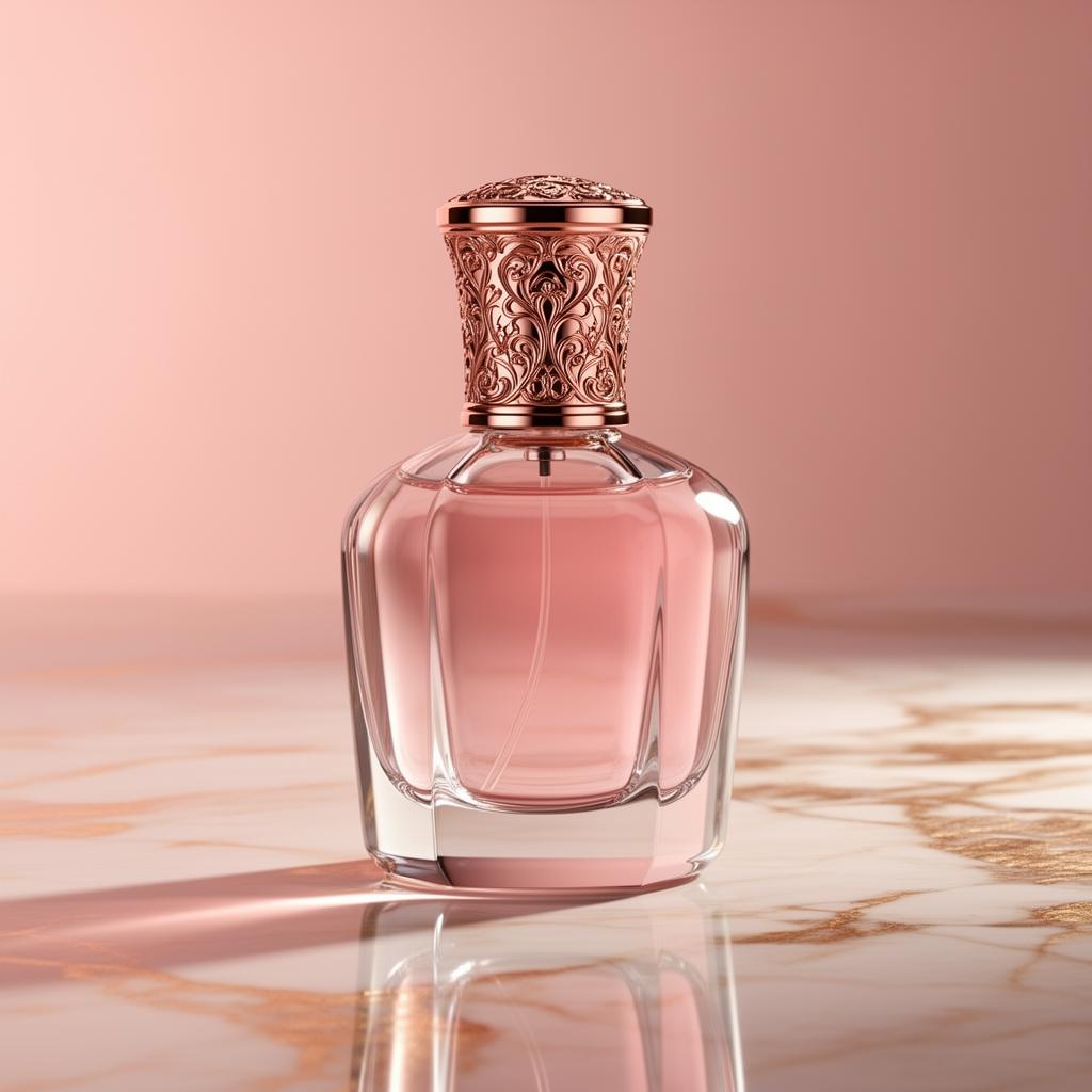Luxury perfume bottle with ornate rose gold cap