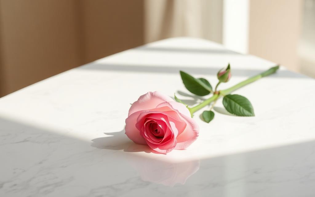 Pink rose on marble surface