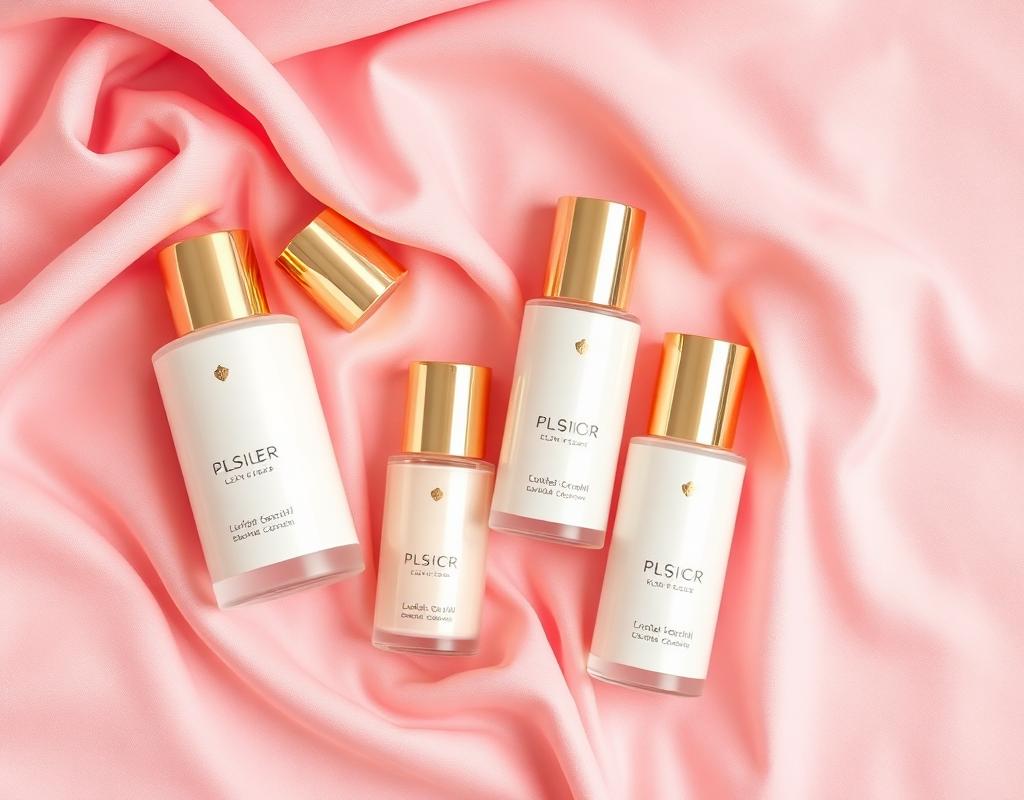 Skincare bottles with gold caps